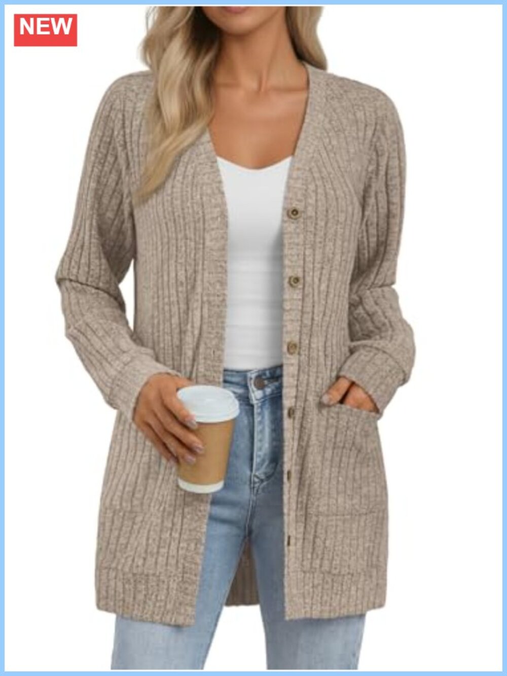 Long Sleeve Button Up Cardigan with Pockets, Lightweight Knit Layering Sweater
